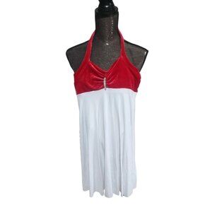 Velvet Halter Dress Dance Costume Red White Sz Large Child Rhinestones Backless
